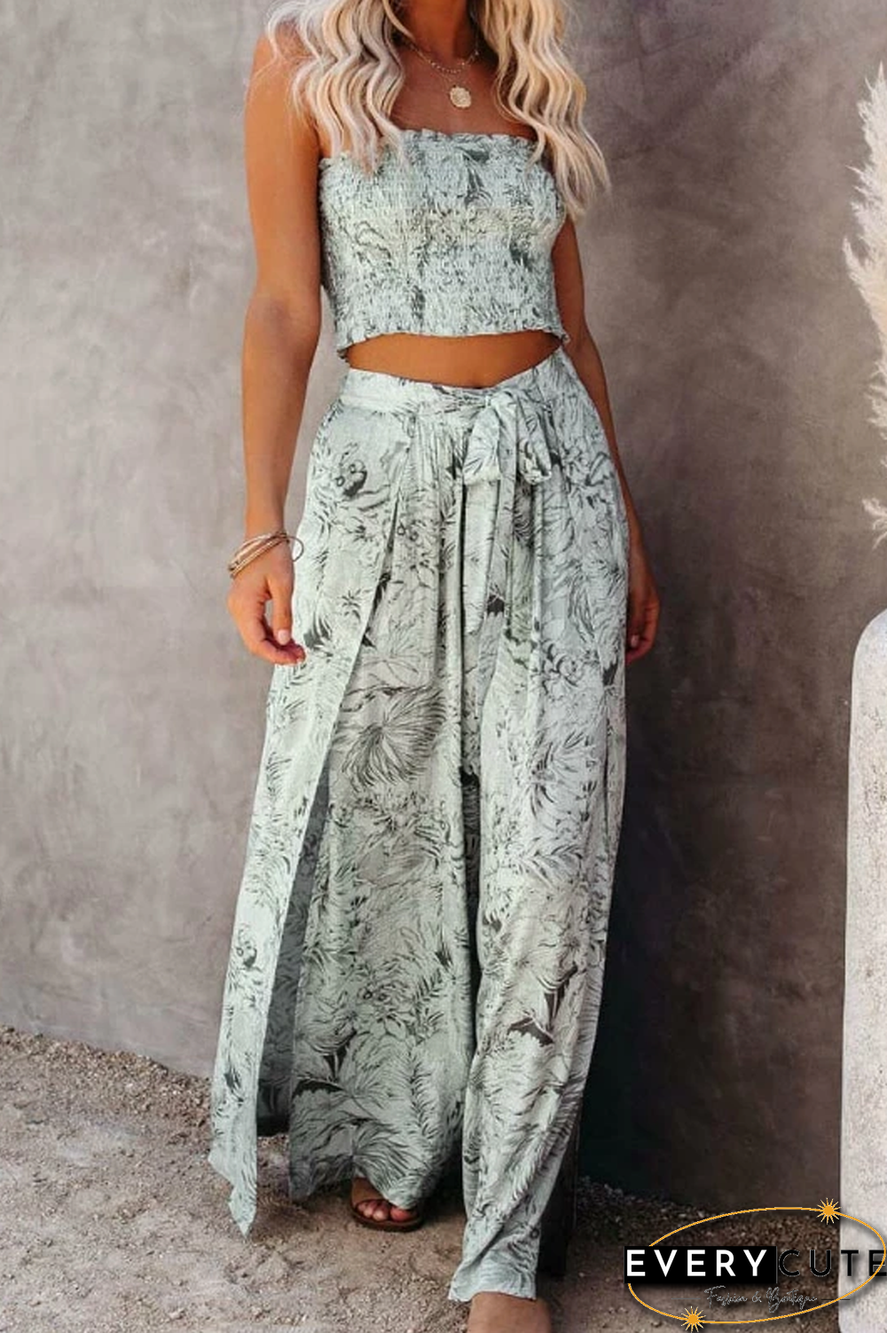 KarliDress Boho Style Floral Tank Top+Wide Leg Pants P12437