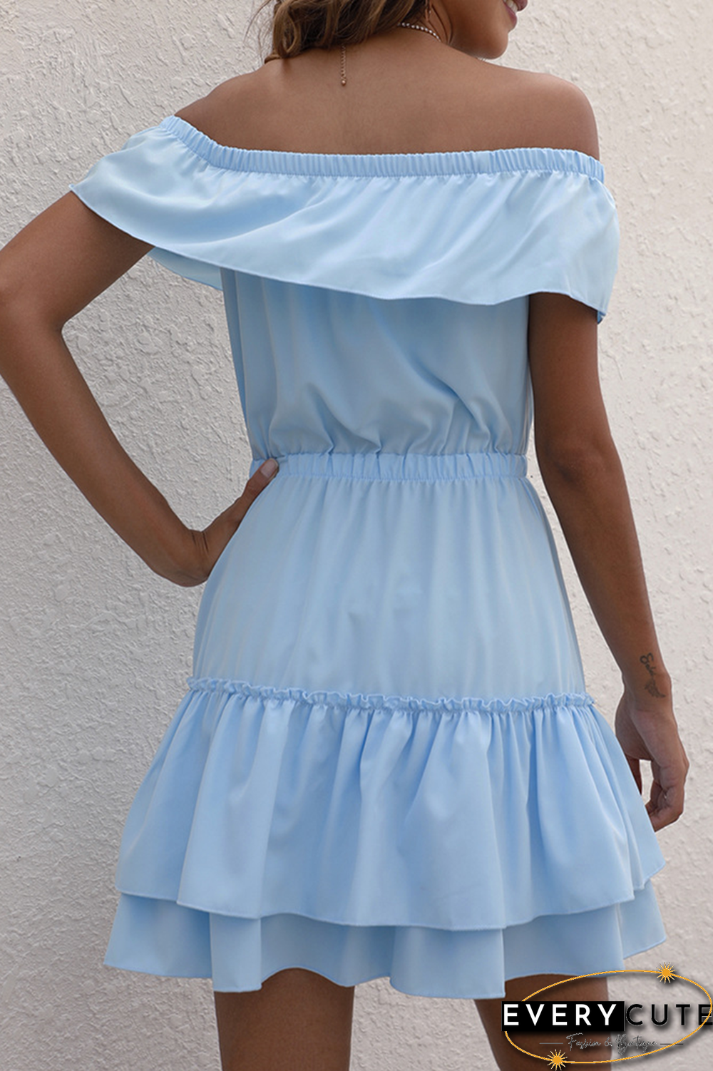 Casual Solid Split Joint Flounce Off the Shoulder Waist Skirt Dresses