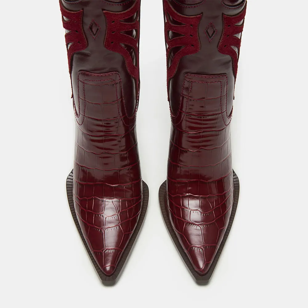 Butterfly Inlay Maroon Embossed Mid Calf Cowgirl Boots for Women
