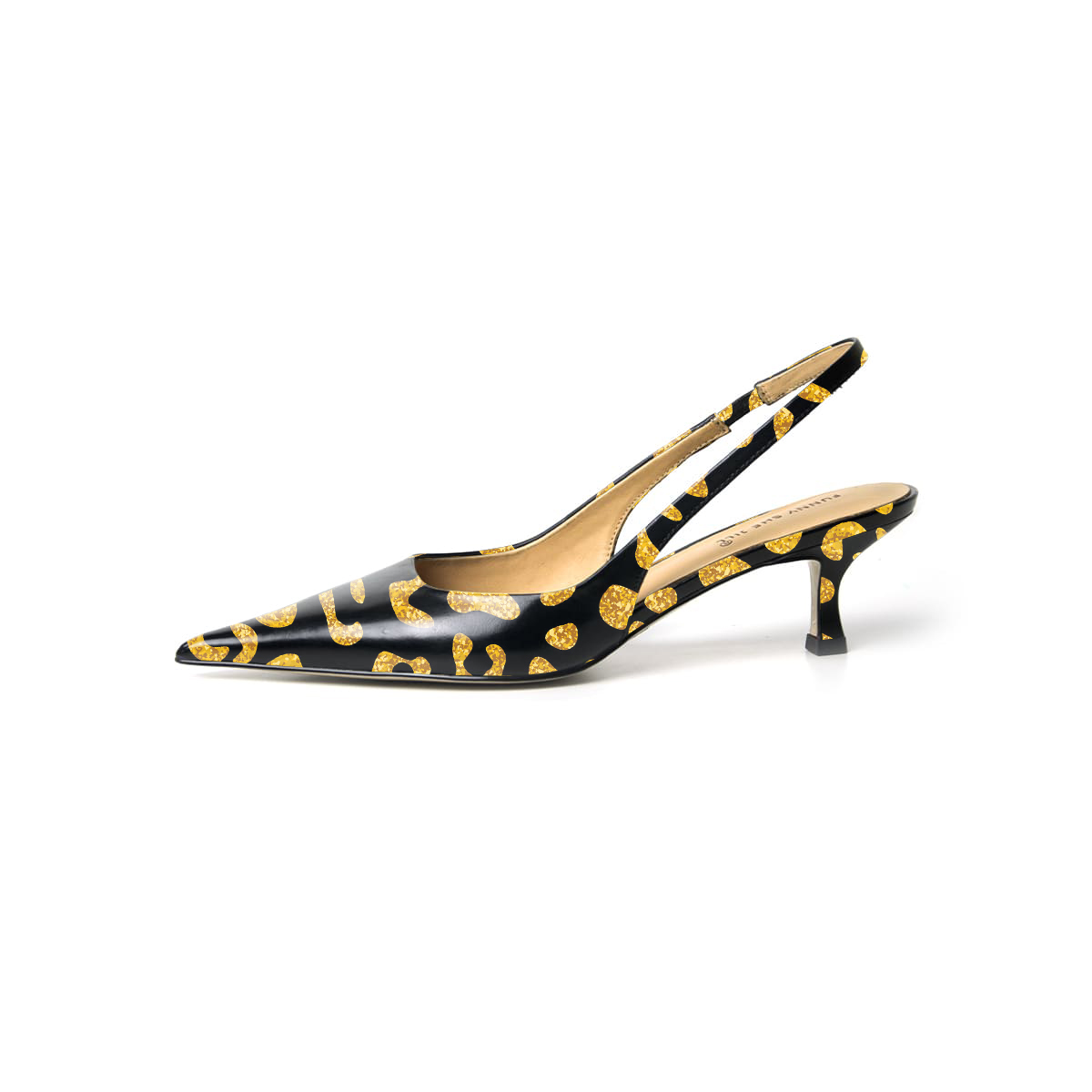 Black & Gold Patent Leather Pointed Toe Kitten Heel Slingback Pumps Nicepairs