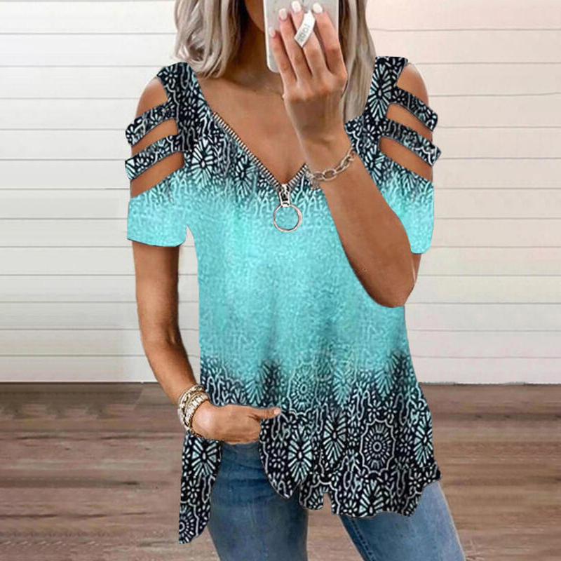 Hollow Out Boho Printed V Neck Short Sleeve T-shirt elevenforest