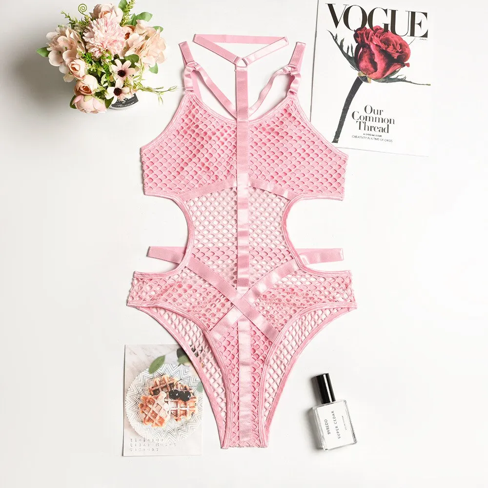 MIRABELLE Bodysuit Women Mesh Bodys Lace Exotic Costumes Halter Erotic Lingerie See Through Sexy Hollow Out Porno Overalls