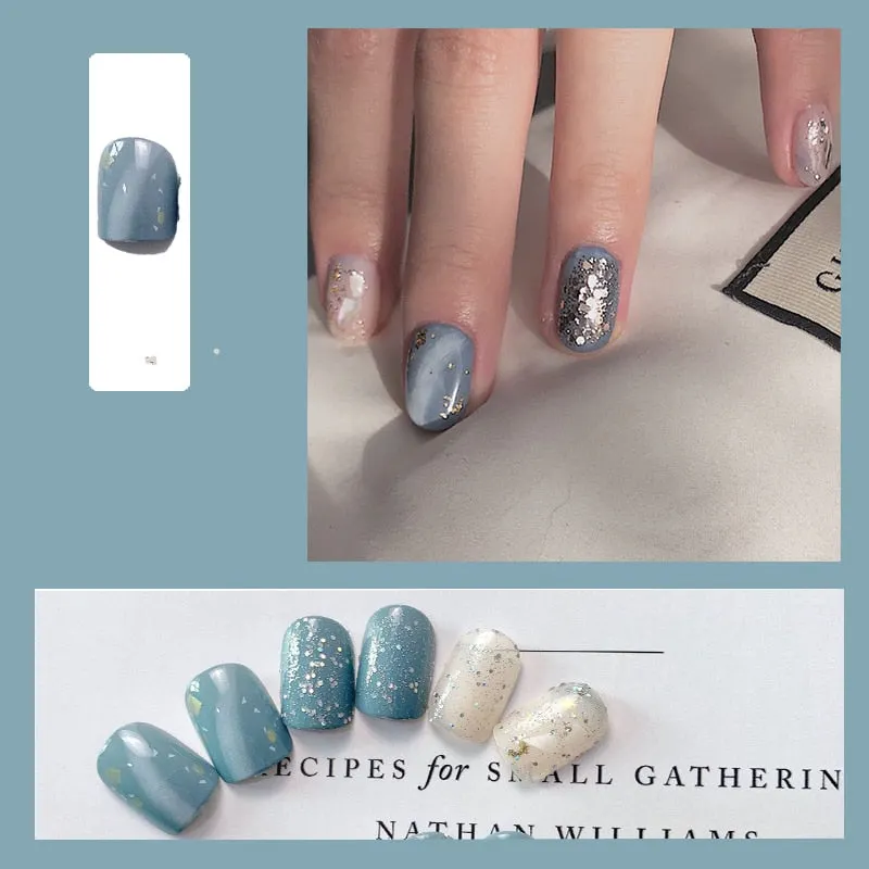 24pcs/box Blue Dye With Sequins Decorated press on nail tips Frosted Square Head Short Wearable Full Cover fake nails with glue-Nail Inspo