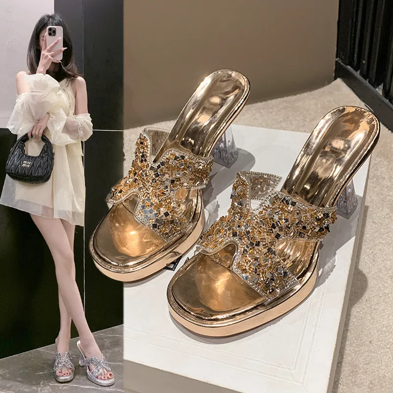 Breakj Breakj Water Drill High Heels Do Not Tired Feet Sandals Temperament Elegant Coarse And Waterproof Waterproof Thick-Soled Slippers Single Shoes Women Shoes