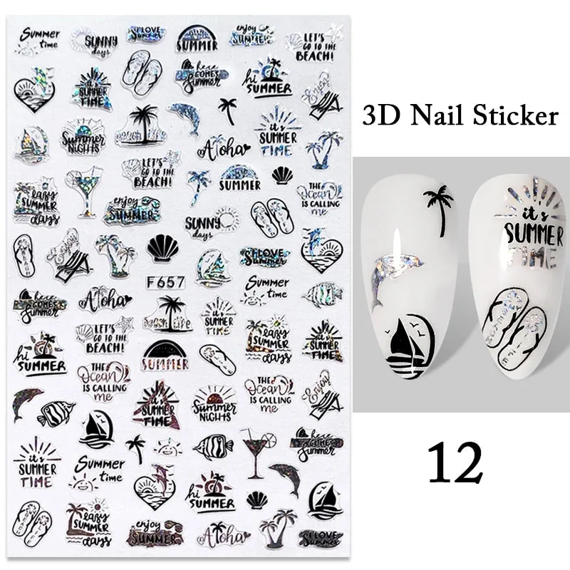1PC iridescent Gold Black White 3D Nail Sticker Leaves Geometric Tropical Beach Decals DIY Slider Decoration Manicures-Nail Inspo