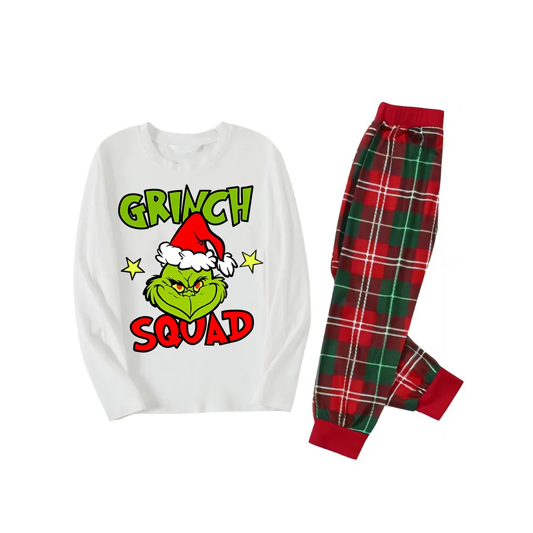 Cute Cartoon and Funny Christmas Slogan Print Contrast White Long Sleeve with Red and Green Plaid Pants Family Matching Pajamas