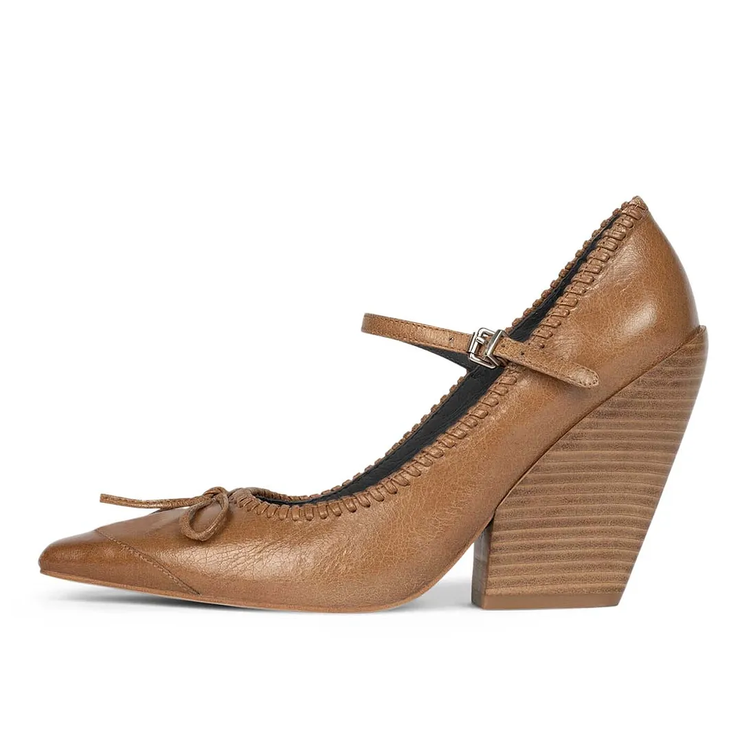 Tan Vegan Leather Square Toe Buckle Strap Mary Jane Heels with Bow