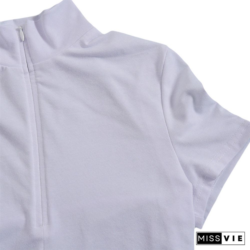Sexy Women Streetwear Tees Summer Slim Short Sleeve Plain Stretch Zipper Pullover Crop Top Club High Waist T Shirt Purple White