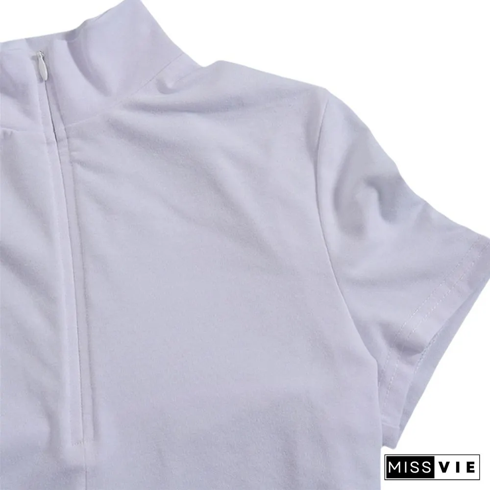 Sexy Women Streetwear Tees Summer Slim Short Sleeve Plain Stretch Zipper Pullover Crop Top Club High Waist T Shirt Purple White
