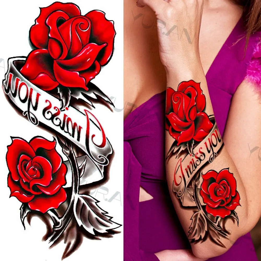 Black Large Snake Flower Fake Tattoo Sticker For Women Dot Rose Peony Temporary Tattoos DIY Water Transfer Tatoos Girls 530