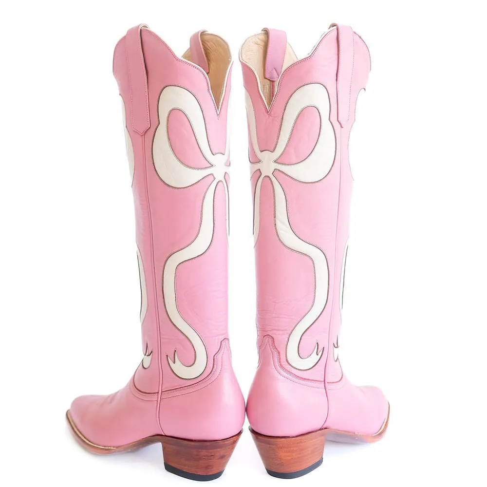 Pink & White Closed Toe Bow Inlay Knee High Cowgirl Boots
