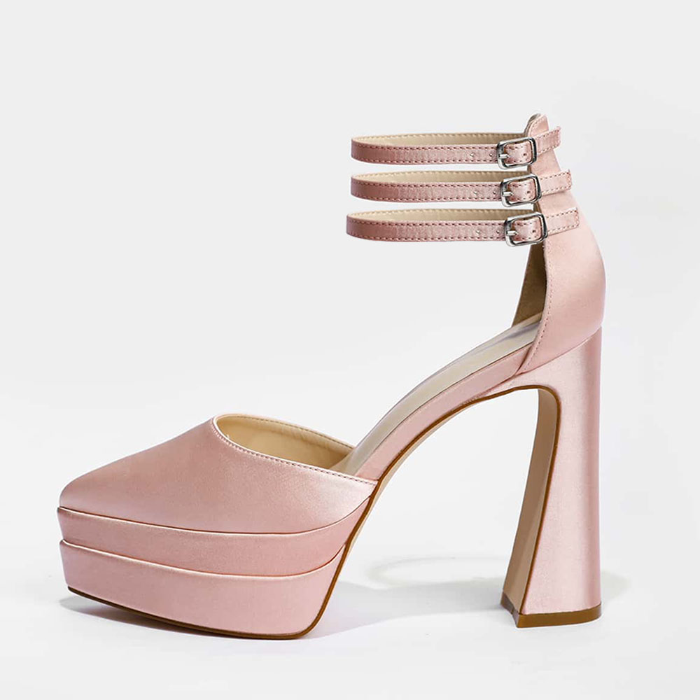 Satin Almond Toe Chunky Heel Platform Pumps with Buckle Nicepairs