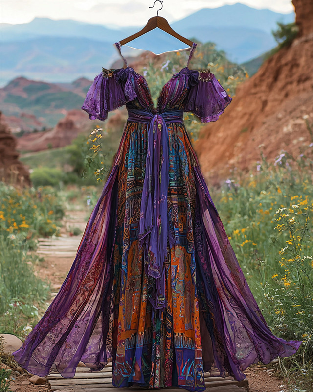 Summer vacation bohemian hand embroidered chiffon dress 5f18