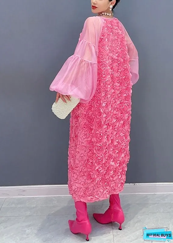Women Pink O-Neck Tulle PatchworkFloral Maxi Dress Long Sleeveless