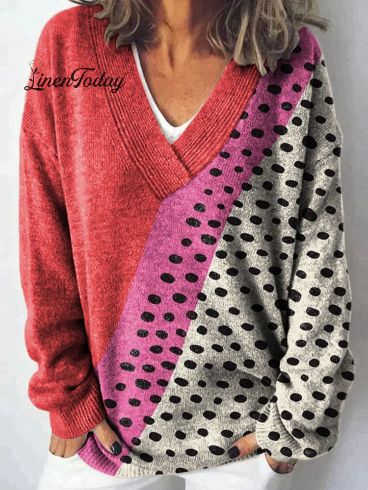 Art Print Knit V-Neck Pullover Sweater Multicolor / S