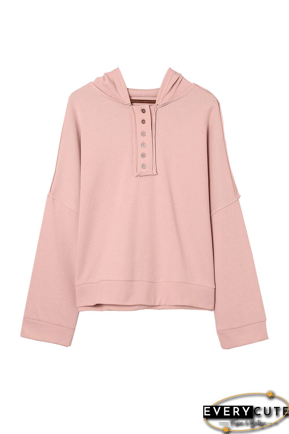 Pink Casual Button Solid Patchwork Trim Hoodie