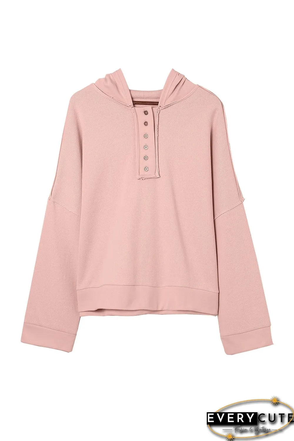 Pink Casual Button Solid Patchwork Trim Hoodie