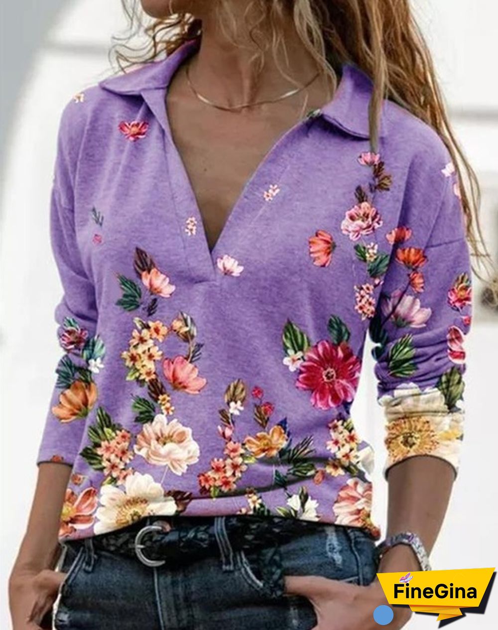 Spring Casual Floral Printed Tops Women Fashion Stand Collar Long Sleeve Shirt Pullover Slim Fit Blouses Size S-2XL
