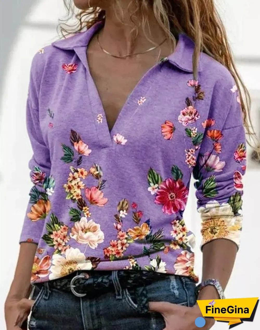 Spring Casual Floral Printed Tops Women Fashion Stand Collar Long Sleeve Shirt Pullover Slim Fit Blouses Size S-2XL