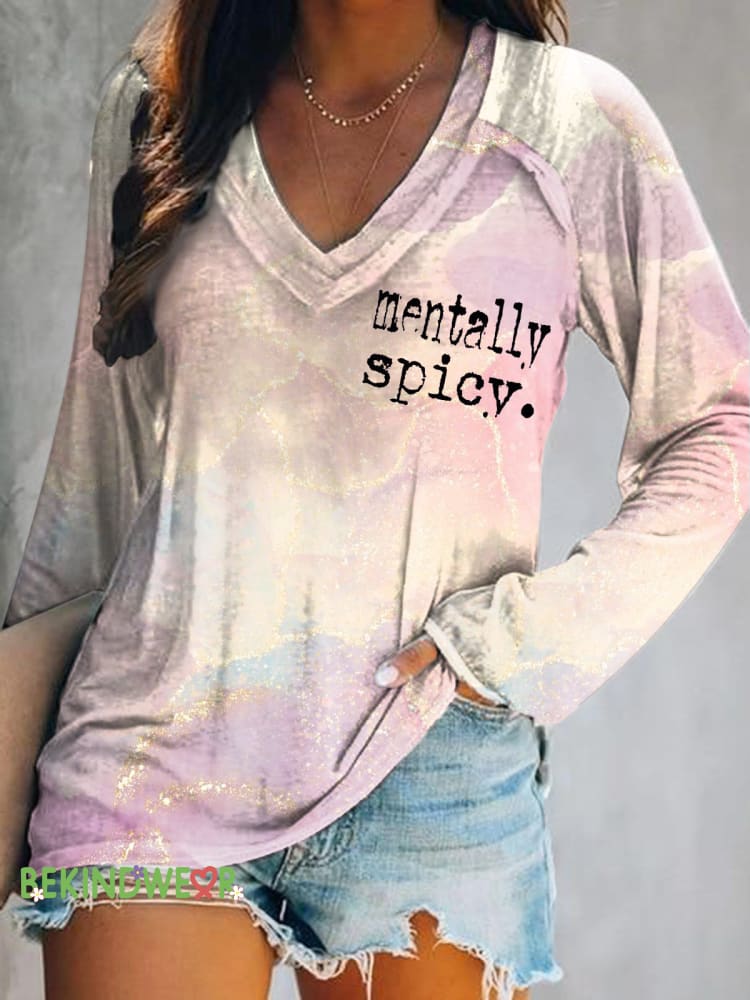 Mentally Spicy Printed Casual V-Neck Long Sleeve Top Color / S