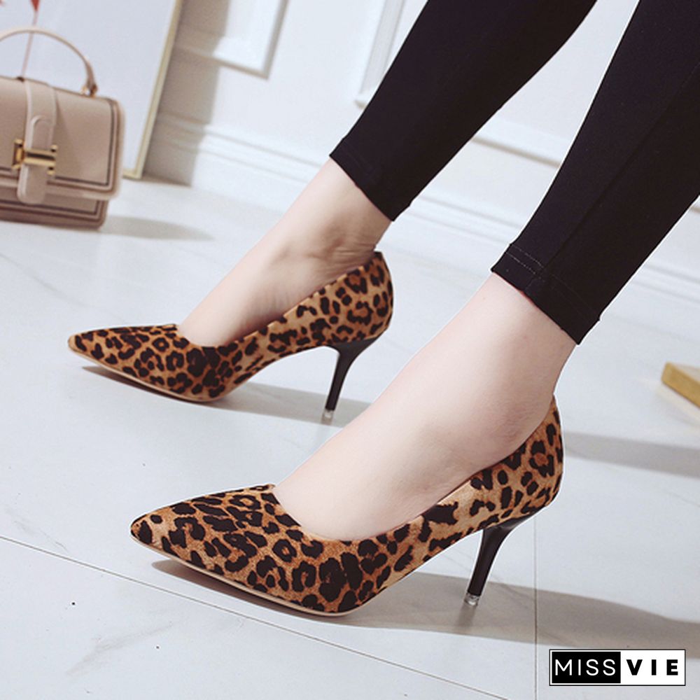 High Heels Leopard Shoes Women Pumps Office Stiletto Faux Suede Wedding Party Slip On Sandals Femme Sexy Pumps