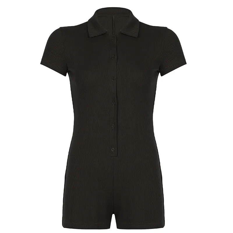 Rapcopter Single-Breasted Playsuits Brown Knitted Bodysuits Solid Casual Basic Jumpsuits Short Sleeve Overalls Biker Women Body