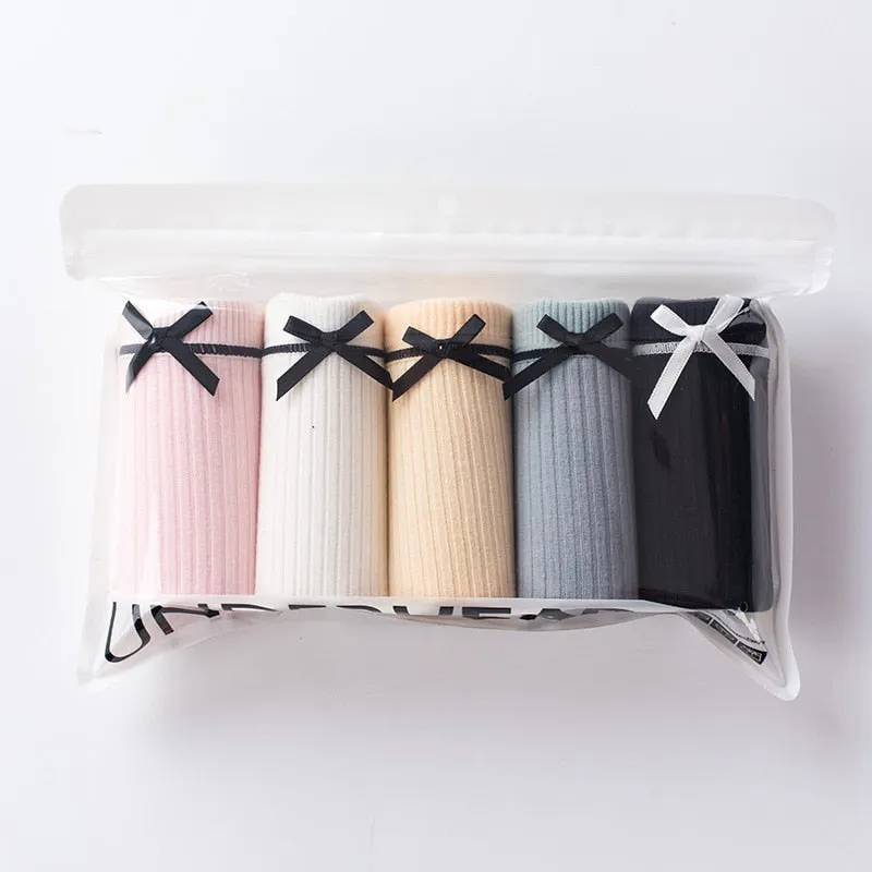 Five Piece Set Women's Cotton Underwear Sexy Solid Color Panties Fashion Bow Comfort Briefs Mid Waist Seamless Female Lingerie