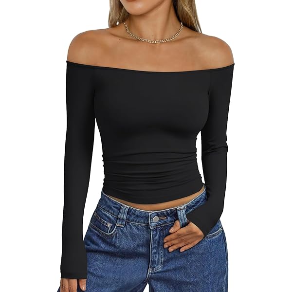Trendy Queen Womens Long Sleeve Off The Shoulder Tops Going Out Cute Basic Y2K Fall Fashion 2025 Outfits Clothes Black Medium