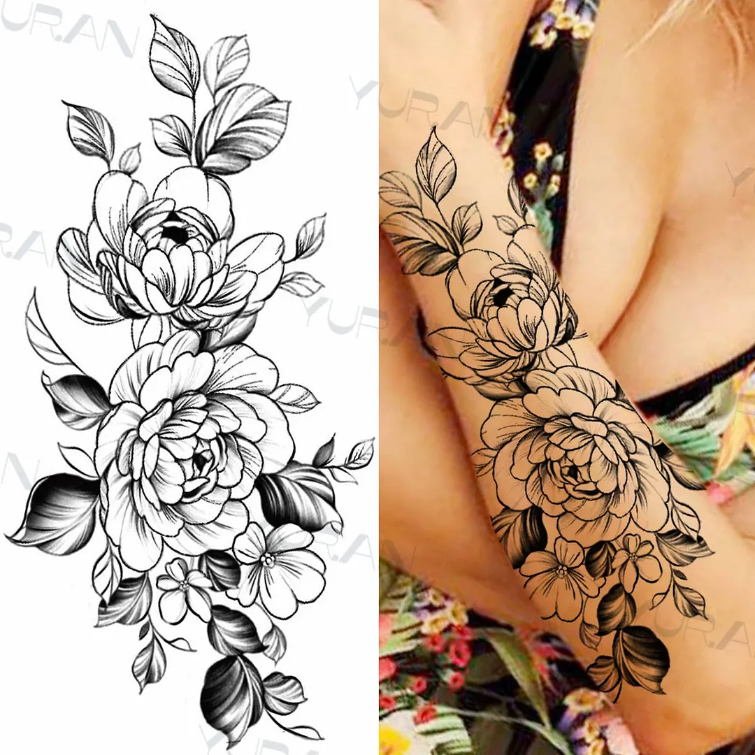 Black Large Snake Flower Fake Tattoo Sticker For Women Dot Rose Peony Temporary Tattoos DIY Water Transfer Tatoos Girls 530