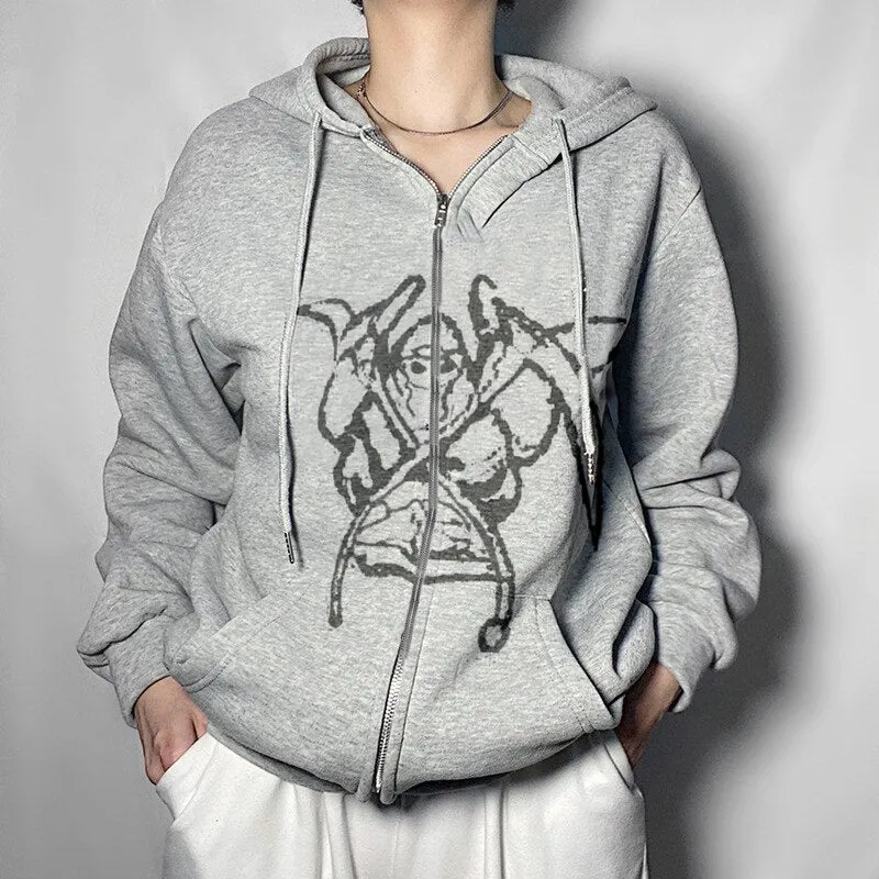 Gothic Hooded Jacket Portrait Demon Print Long Sleeve Zip-up Top Coat Streetwear with Pockets Y2K Hip Hop Men Women Sweatshirt
