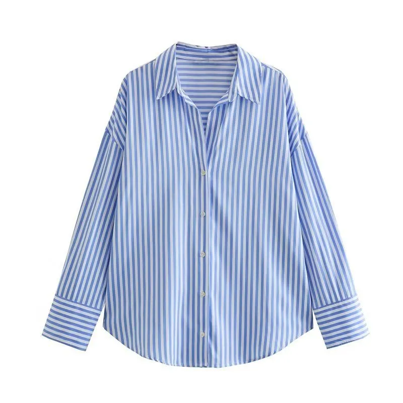 Churchf Churchf New Women's Versatile Striped Lapel Single Breasted Long Sleeve Loose Mansion Silk Shirt