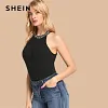 SHEIN Black Rib Knit Lettering Halter Neck Slim Fit Tank Tops Women Vest 2019 Summer Fashion Female New Active Wear Top Vests