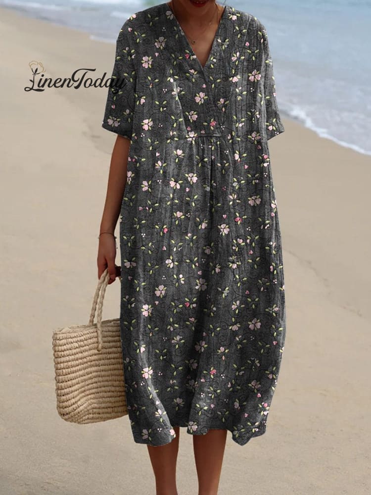 Vintage Style Petite Pink Floral Pattern Printed Women&rsquo;s Flowy Dress Darkgrey / S