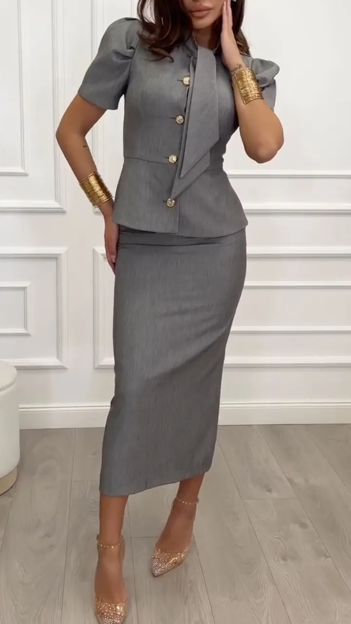 Gray Stand Collar Tie Waist Blazer Pencil Skirt Suit