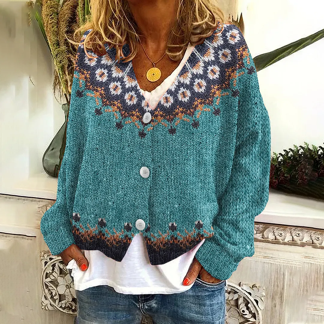 Vintage Geometry Contrast Jacquard V Neck Button Cozy Sweater