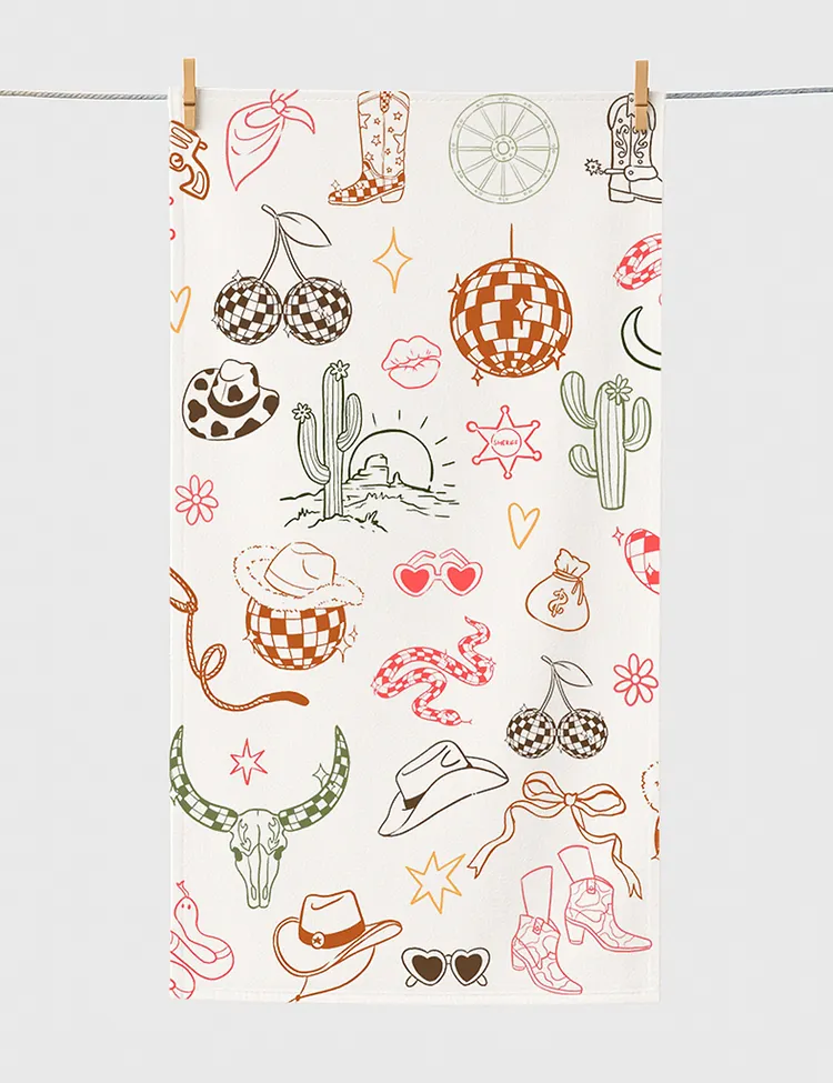 Western Cowgirl Bachelorette Hand-Drawn Wild West Disco Print Beach Towel