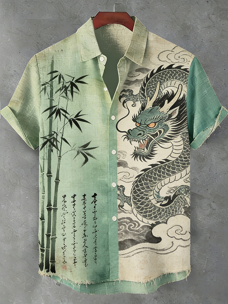 Japanese Style Dragon Totem And Bamboo Forest Art Quilted Cotton Linen Short Sleeve Shirt elevenforest