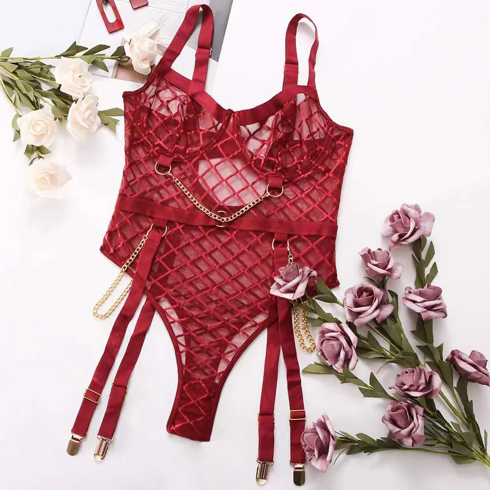 MIRABELLE Fishnet Bodysuit See Through Sexy Lingerie with Chain Garters Erotic Costumes Mesh Porn Body Lace Transparent Tights