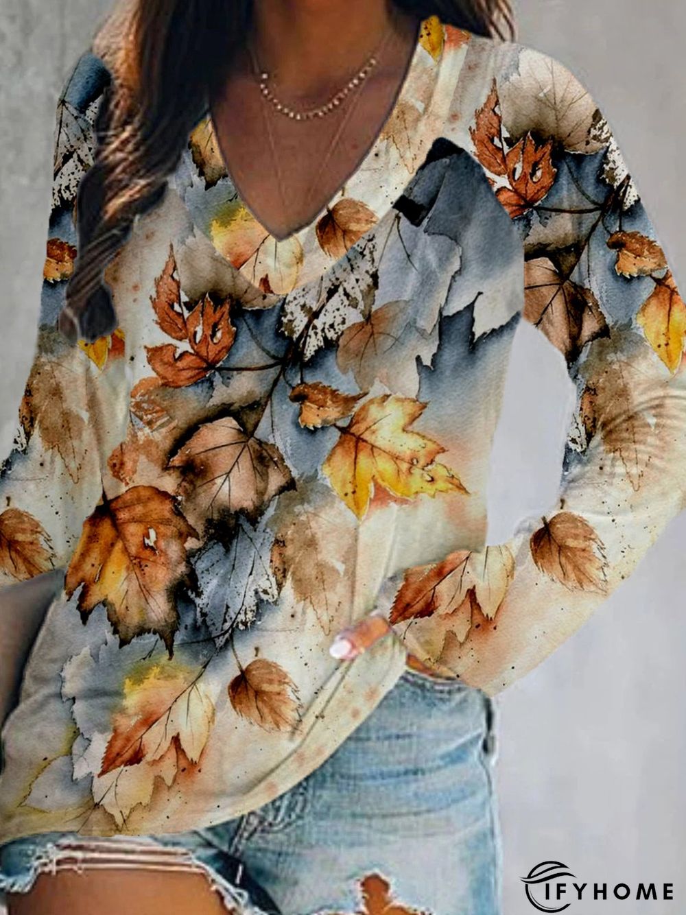 Casual Long Sleeve V Neck Printed Top T-shirt | IFYHOME