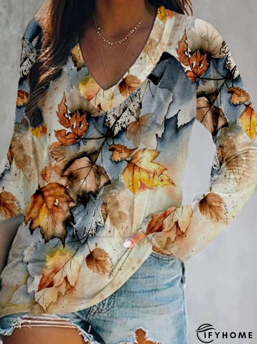 Casual Long Sleeve V Neck Printed Top T-shirt | IFYHOME