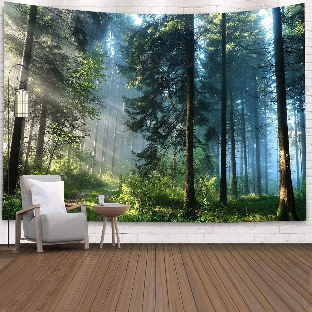 Natural 3D Waterfall Tapestry Beach Towel Landscape Primeval Forest Stream Printing Wall Carpet Yoga Mat Home Art Tapestry Decor