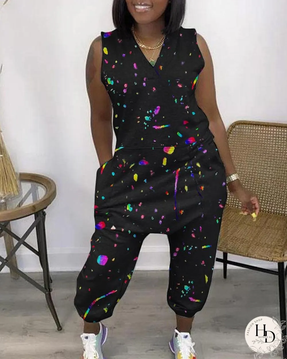 Ink Splashed Floral Printed Sleeveless Pocket Design V-Neck Jumpsuit