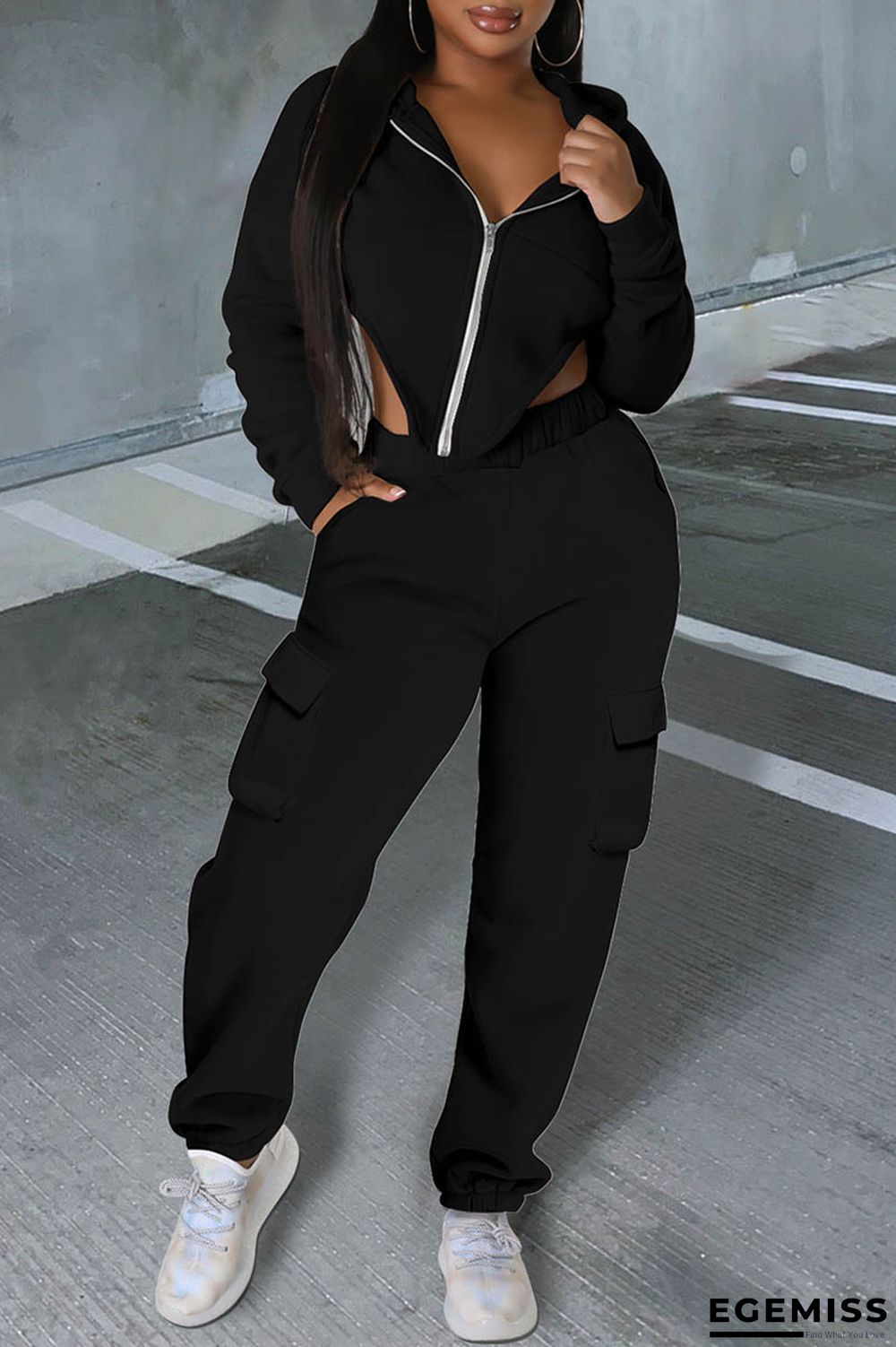 Black Casual Solid Patchwork Asymmetrical Hooded Collar Long Sleeve Two Pieces | EGEMISS