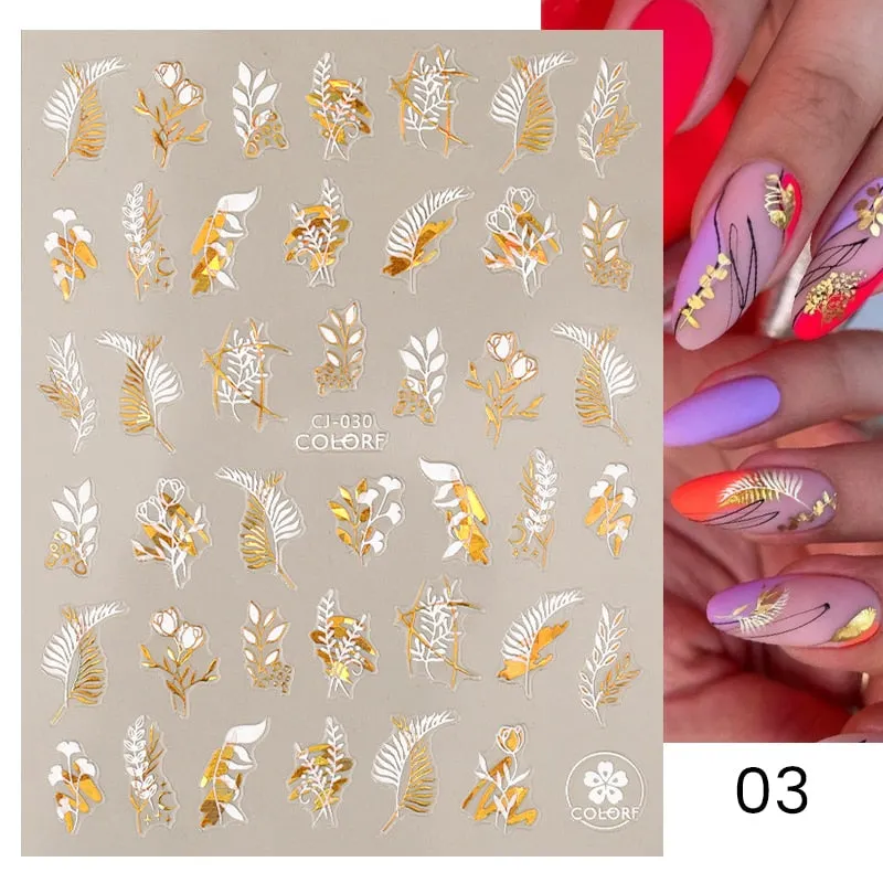 1 Pc 3D Nail Stickers Leaves Sliders for Nails Gold White Bronzing Flowers Gradient Adhesive Sticker Nail Design Art Decorations-Nail Inspo