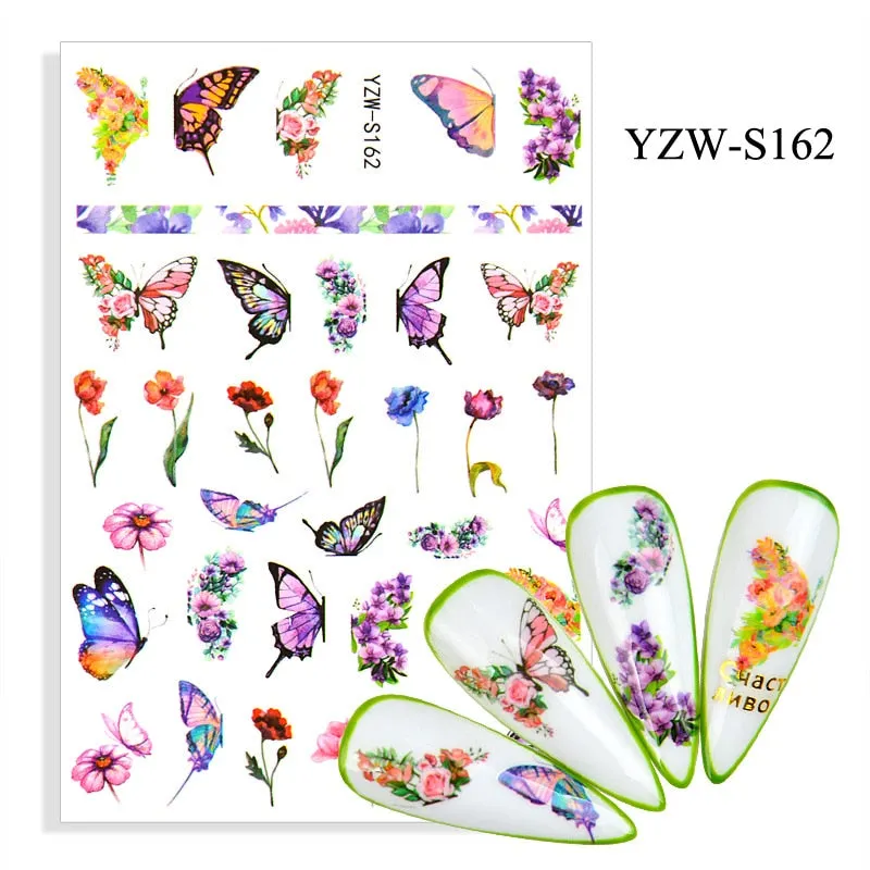 1pc Holographic Blue Nail Stickers Pink Colorful Butterfly Art Sticker With Adhesive DIY Extension Flowers Rose Nail Decoration-Nail Inspo