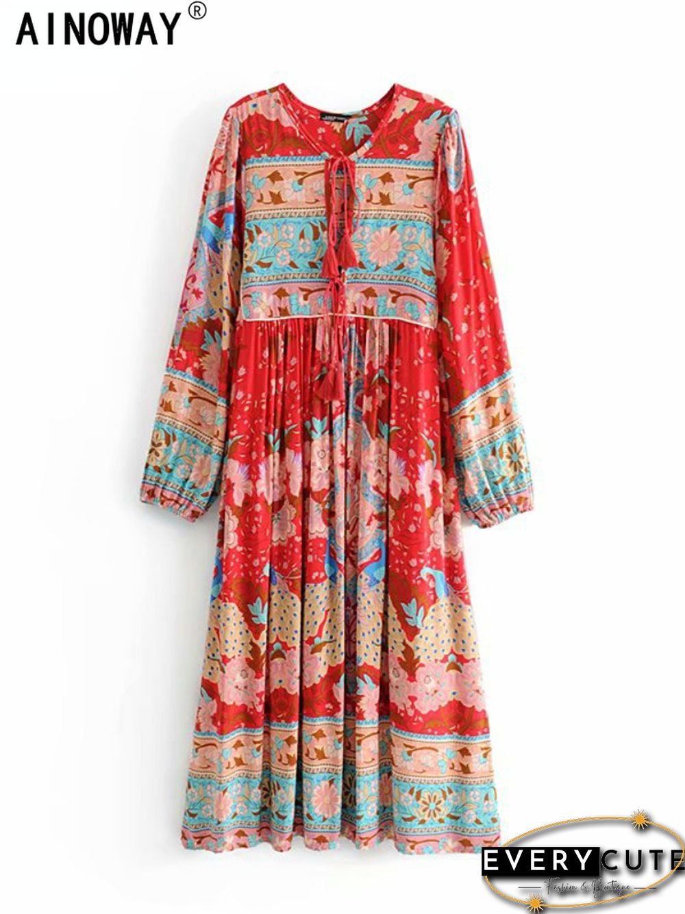 Vintage Chic Fashion Women Long Sleeve Tassel Red Floral Print Beach Bohemian Maxi Dresses Ladies Cotton Pleated Boho Dress Robe