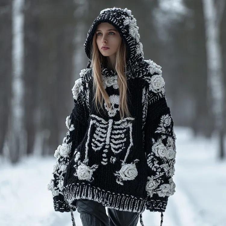 Women's Vintage Three-dimensional White Rose Casual Warm Hooded Sweater