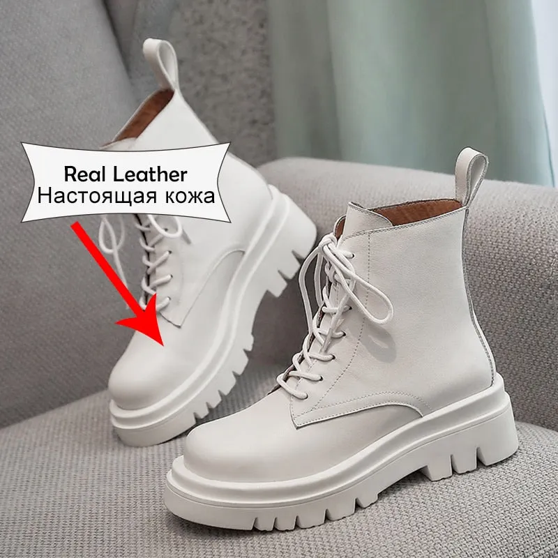RIZABINA Size 34-43 2022 INS Woman Real Leather Ankle Boots Fashion Shoes Woman Short  Winter Warm Boots Platform Heel Footwear