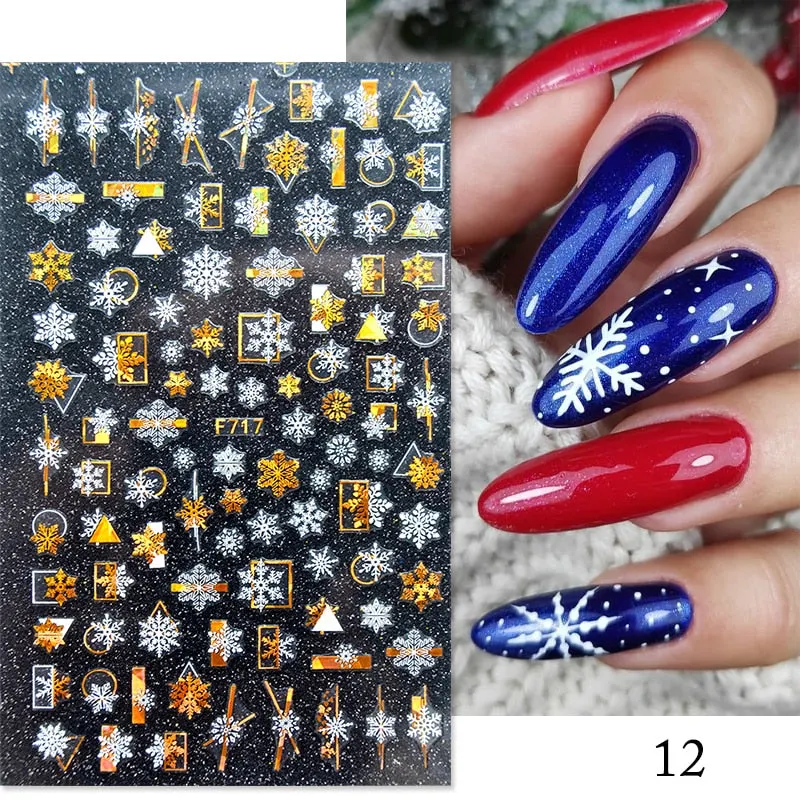 3D Christmas Nail Art Decoration Stickers Sparkly Gold White Colorful  Glitter Geometry Snowflake Winter Slider Nail Foils-Nail Inspo