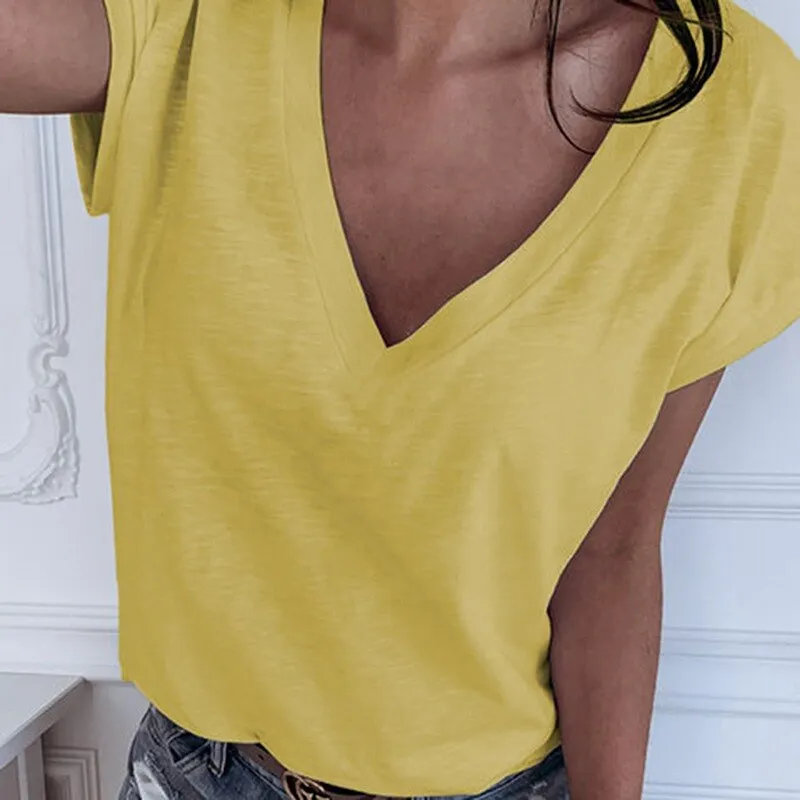 Women Short Sleeve Female 2021 Summer V Neck Tops Casual T Shirts Basic Tops Pentagram Bamboo Fiber Women's Tees Plus Size 5XL
